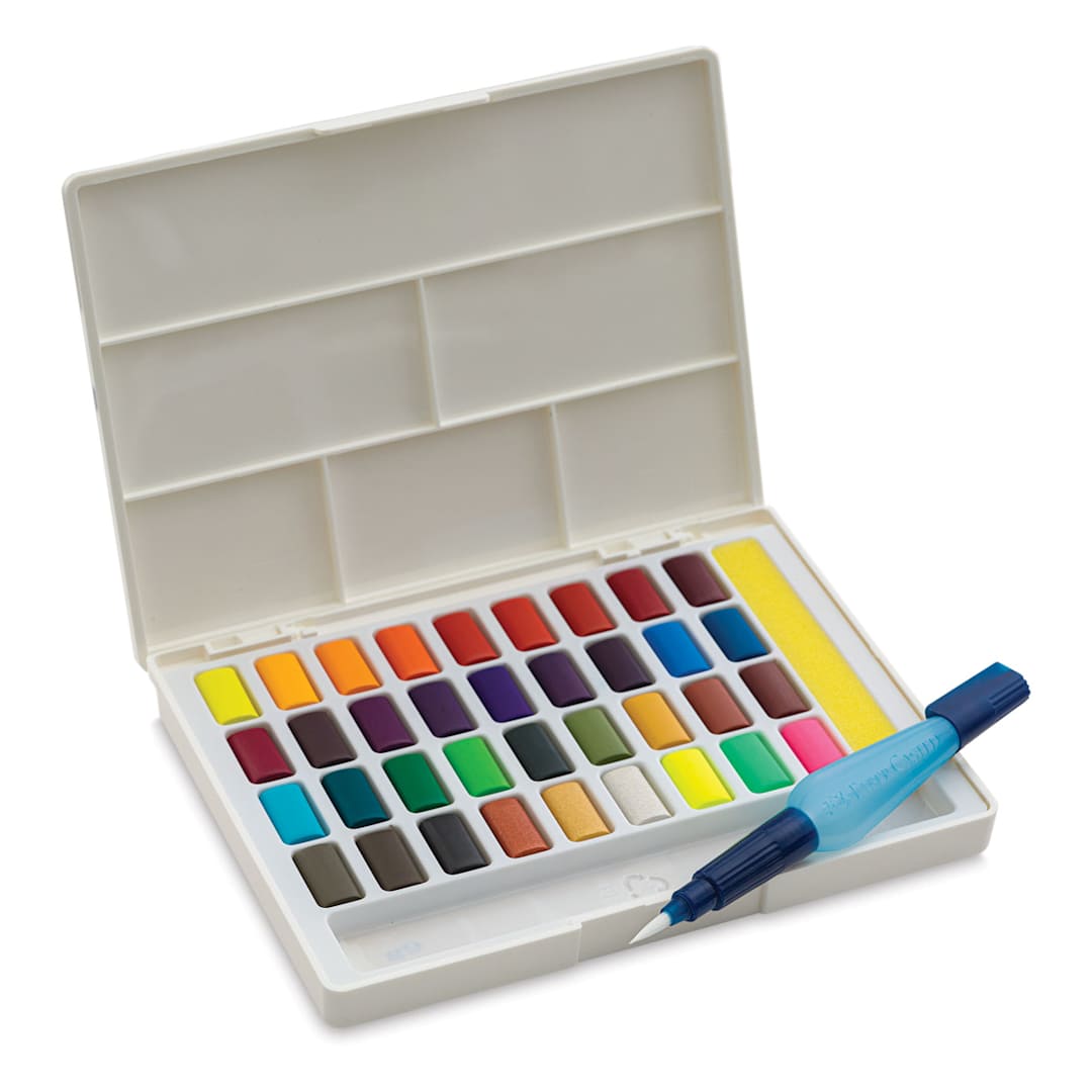 Open in modal - Faber Castell Creative Studio Half Pan Watercolor Sets - Open set of 36 colors with waterbrush

