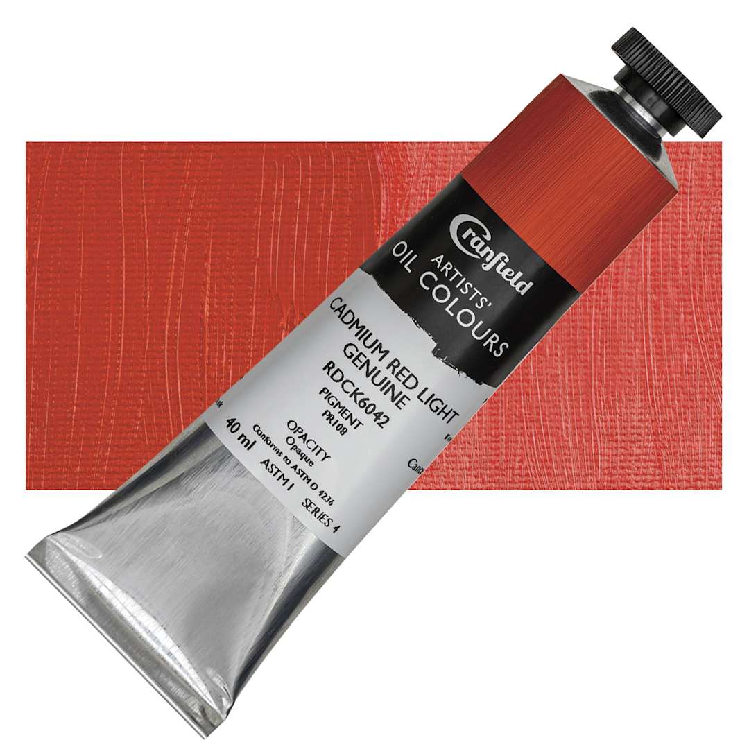Open in modal - Cranfield Artists' Oil Paint - Cadmium Red Light Genuine, 40 ml, Tube and swatch