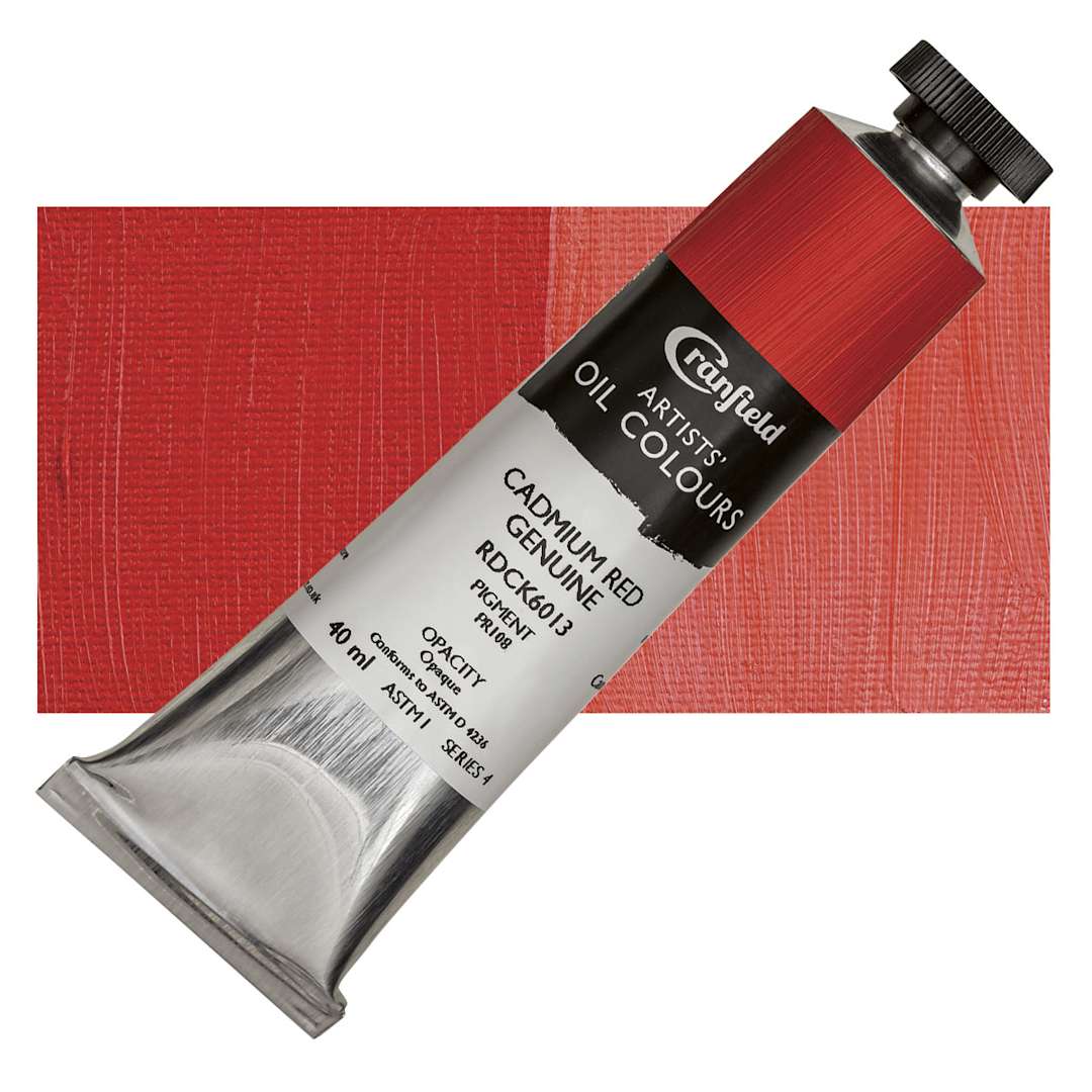Open in modal - Cranfield Artists' Oil Paint - Cadmium Red Genuine, 40 ml, Tube and swatch