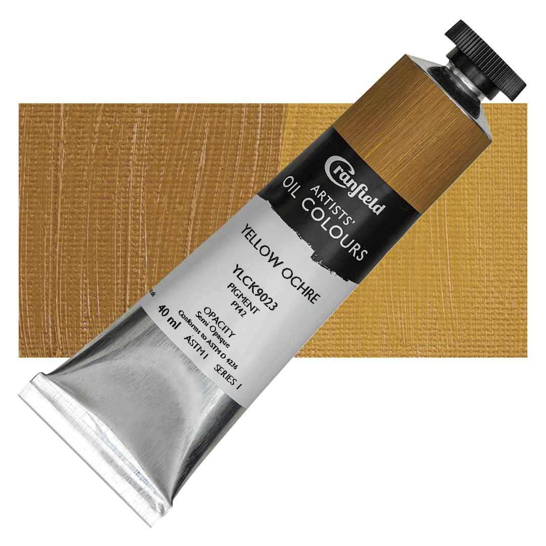 Open in modal - Cranfield Artists' Oil Paint - Yellow Ochre, 40 ml, Tube and swatch