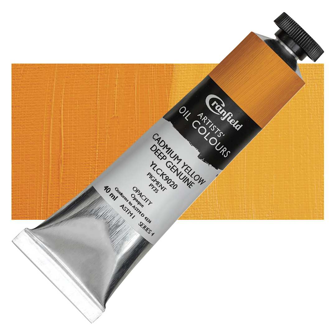 Open in modal - Cranfield Artists' Oil Paint - Cadmium Yellow Deep Genuine, 40 ml, Tube and swatch