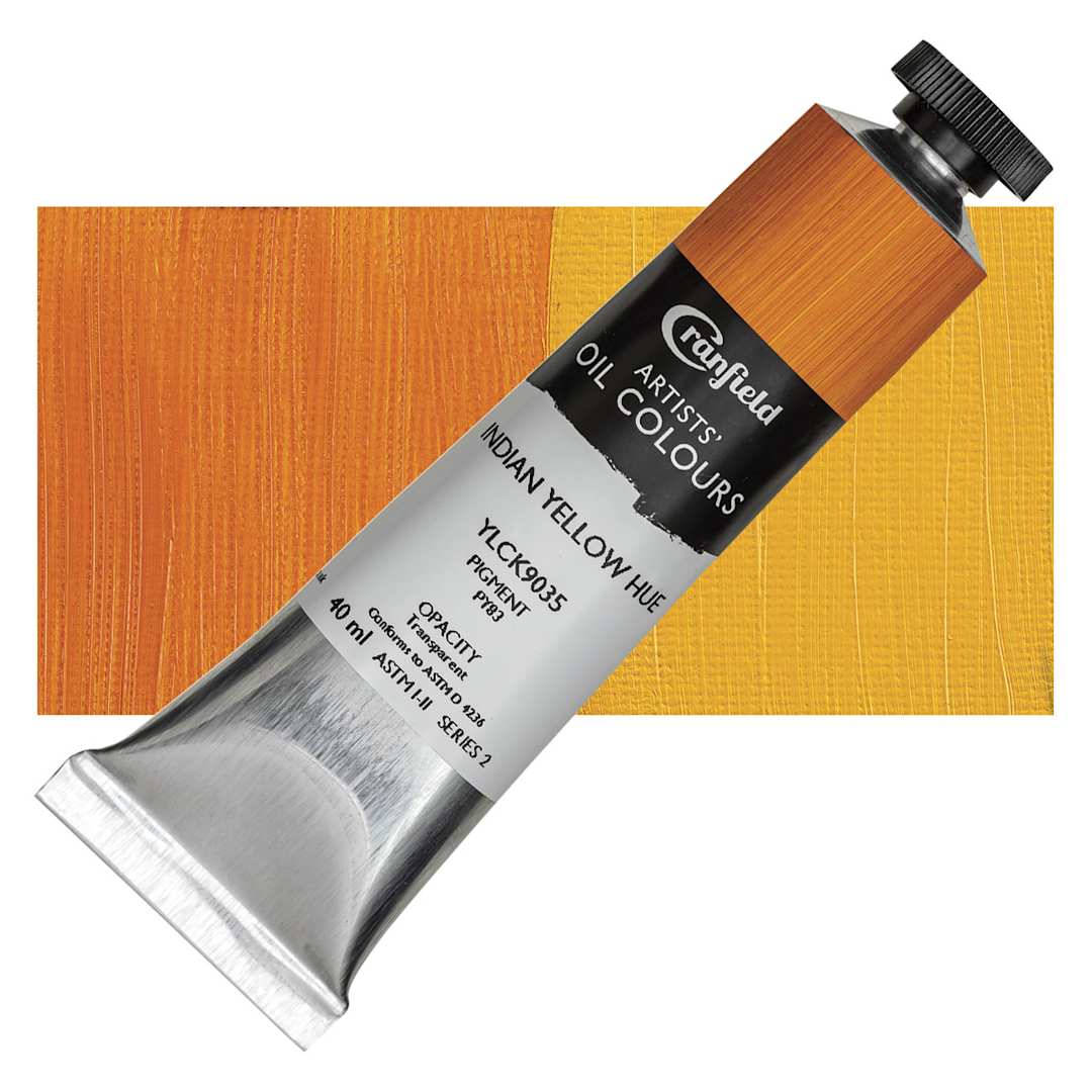 Open in modal - Cranfield Artists' Oil Paint - Indian Yellow Hue, 40 ml, Tube and swatch