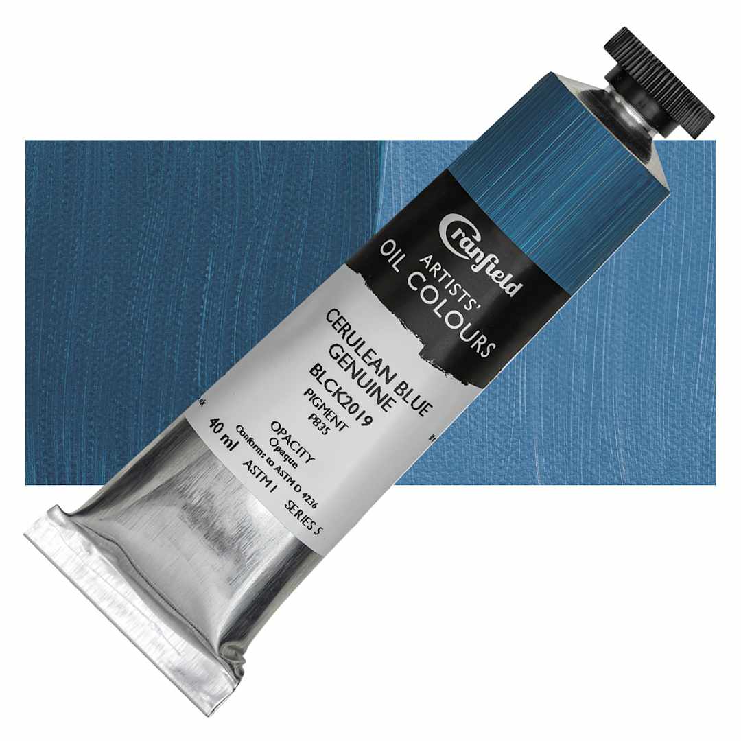 Open in modal - Cranfield Artists' Oil Paint - Cerulean Blue Genuine, 40 ml, Tube and swatch
