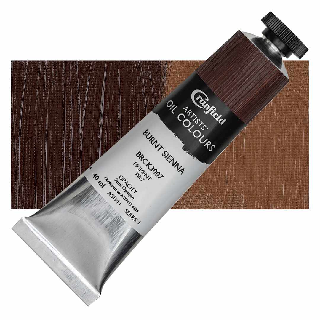 Open in modal - Cranfield Artists' Oil Paint - Burnt Sienna, 40 ml, Tube and swatch