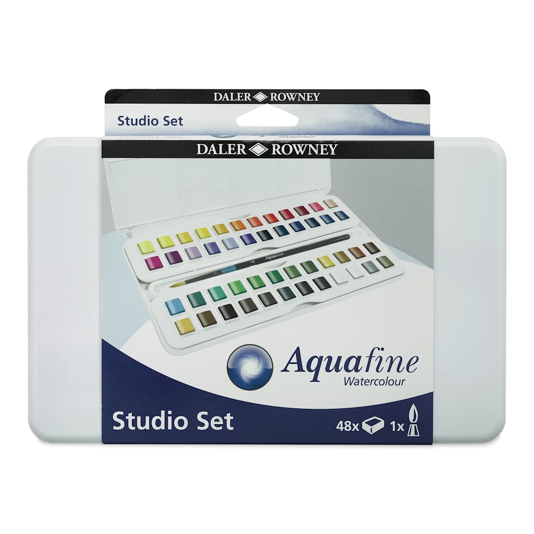Open in modal - Daler-Rowney Aquafine Watercolors - Set of 48 Studio, Assorted Colors, Half Pan Front of package