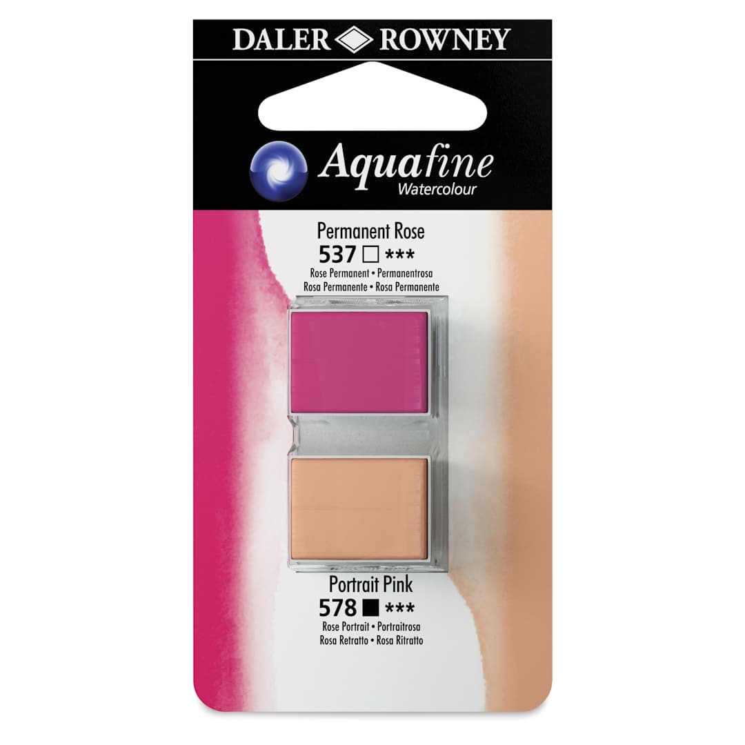 Open in modal - Daler-Rowney Aquafine Watercolors - Set of 2, Permanent Rose and Peach Pink, Half Pan