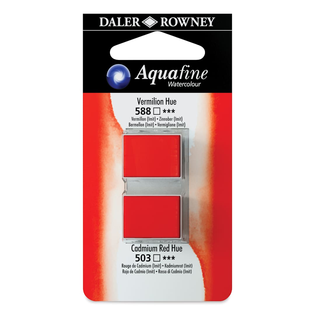 Open in modal - Daler-Rowney Aquafine Watercolors - Set of 2, Vermilion Hue and Cadmium Red Hue, Half Pan