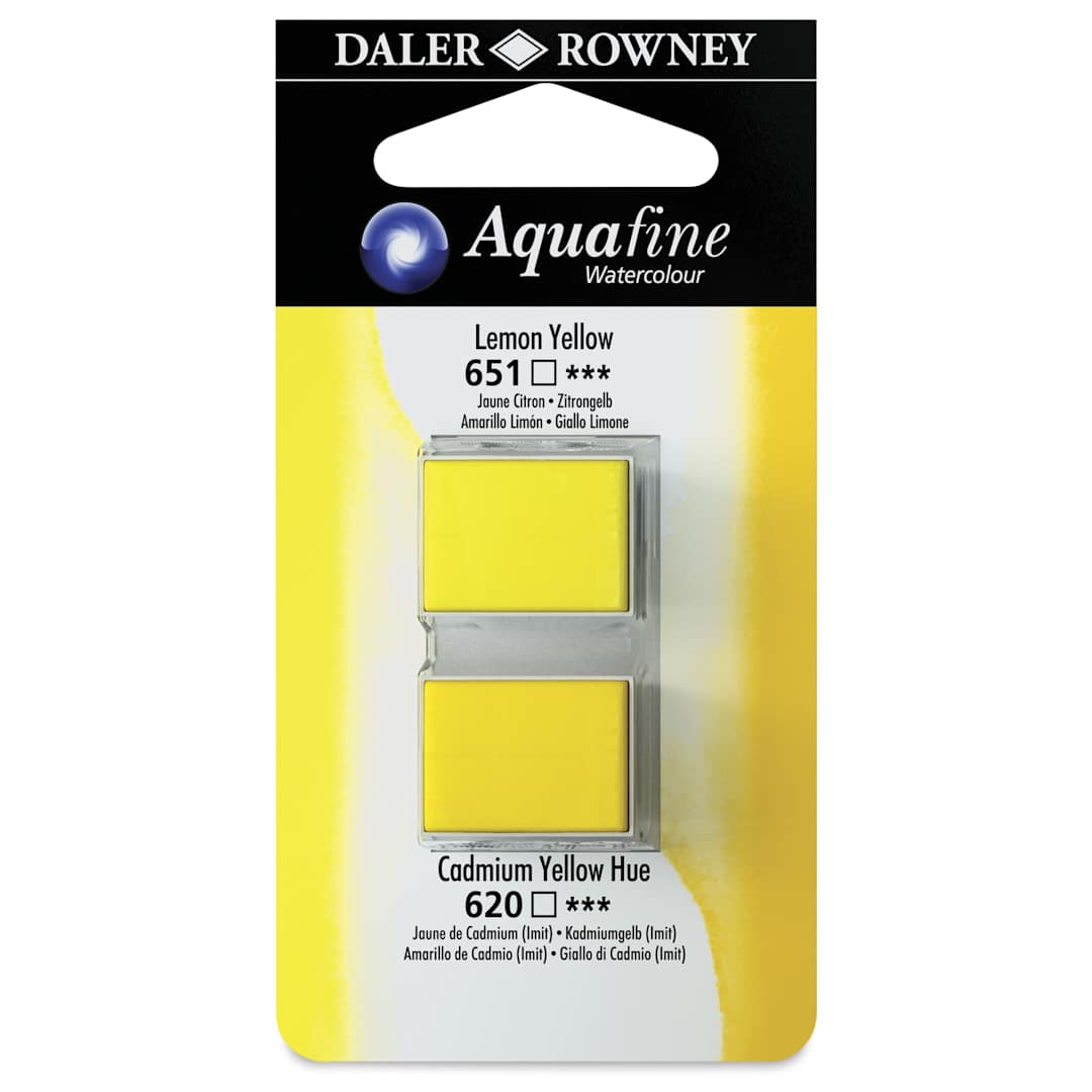 Open in modal - Daler-Rowney Aquafine Watercolors - Set of 2, Lemon Yellow and Cadmium Yellow Hue, Half Pan
