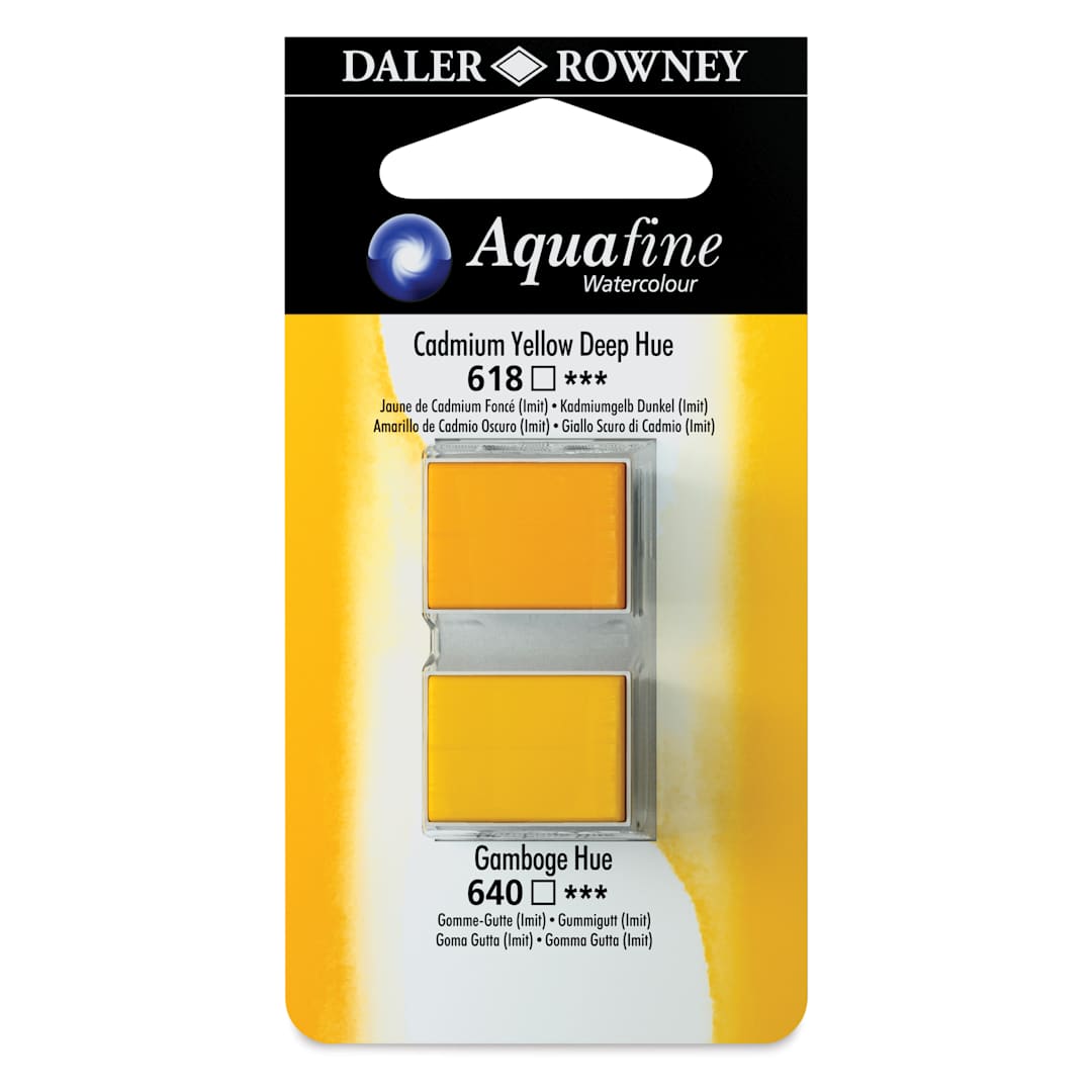 Open in modal - Daler-Rowney Aquafine Watercolors - Set of 2, Cadmium Yellow Deep Hue and Gamboge Hue, Half Pan