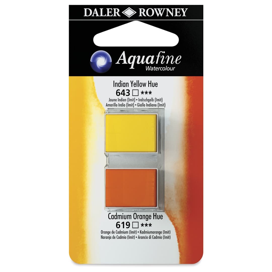 Open in modal - Daler-Rowney Aquafine Watercolors - Set of 2, Indian Yellow Hue and Cadmium Orange Hue, Half Pan