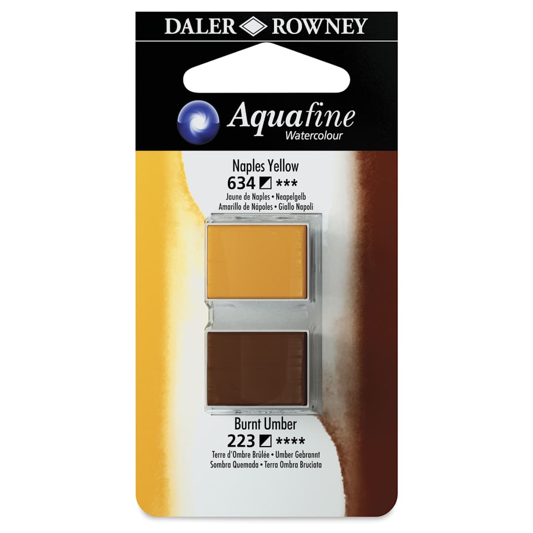 Open in modal - Daler-Rowney Aquafine Watercolors - Set of 2, Naples Yellow and Burnt Umber, Half Pan