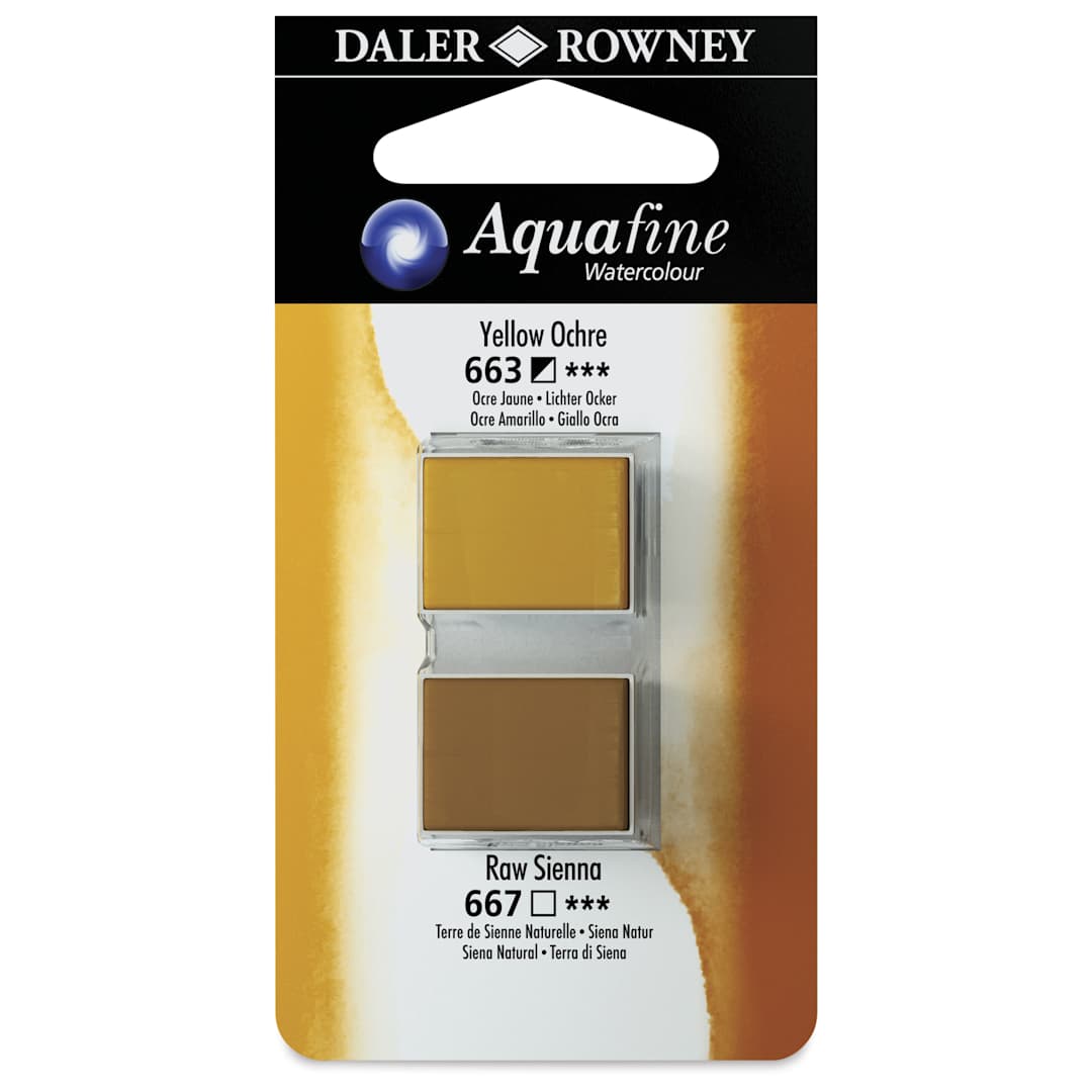 Open in modal - Daler-Rowney Aquafine Watercolors - Set of 2, Yellow Ochre and Raw Sienna, Half Pan