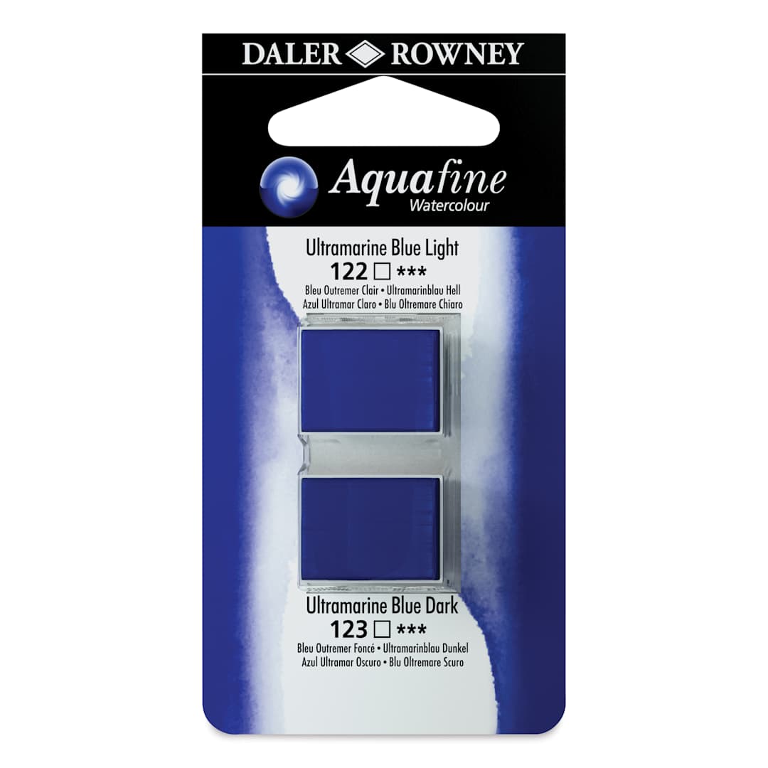 Open in modal - Daler-Rowney Aquafine Watercolors - Set of 2, Ultramarine Blue Light and Ultramarine Blue Dark, Half Pan