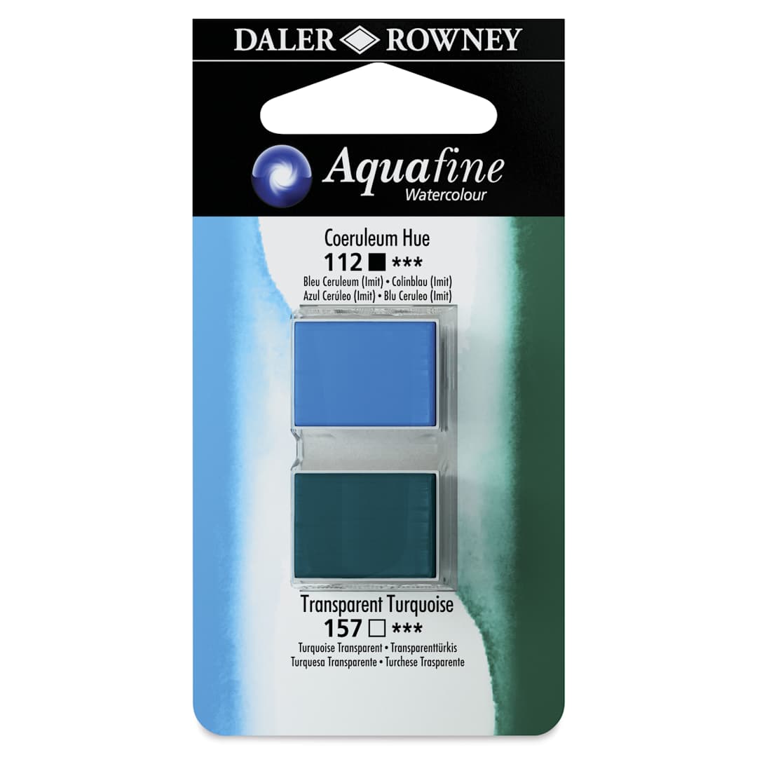 Open in modal - Daler-Rowney Aquafine Watercolors - Set of 2, Coeruleum Hue and Transparent Turquoise, Half Pan