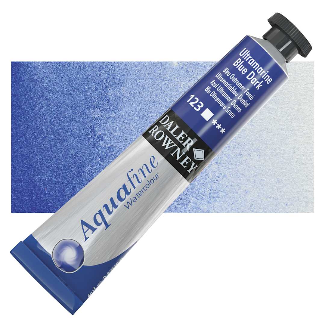 Open in modal - Daler-Rowney Aquafine Watercolor - Ultramarine Blue Dark, 8 ml, Tube and swatch