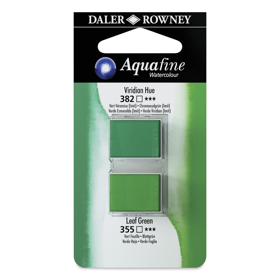 Open in modal - Daler-Rowney Aquafine Watercolors - Set of 2, Viridian Hue and Leaf Green, Half Pan
