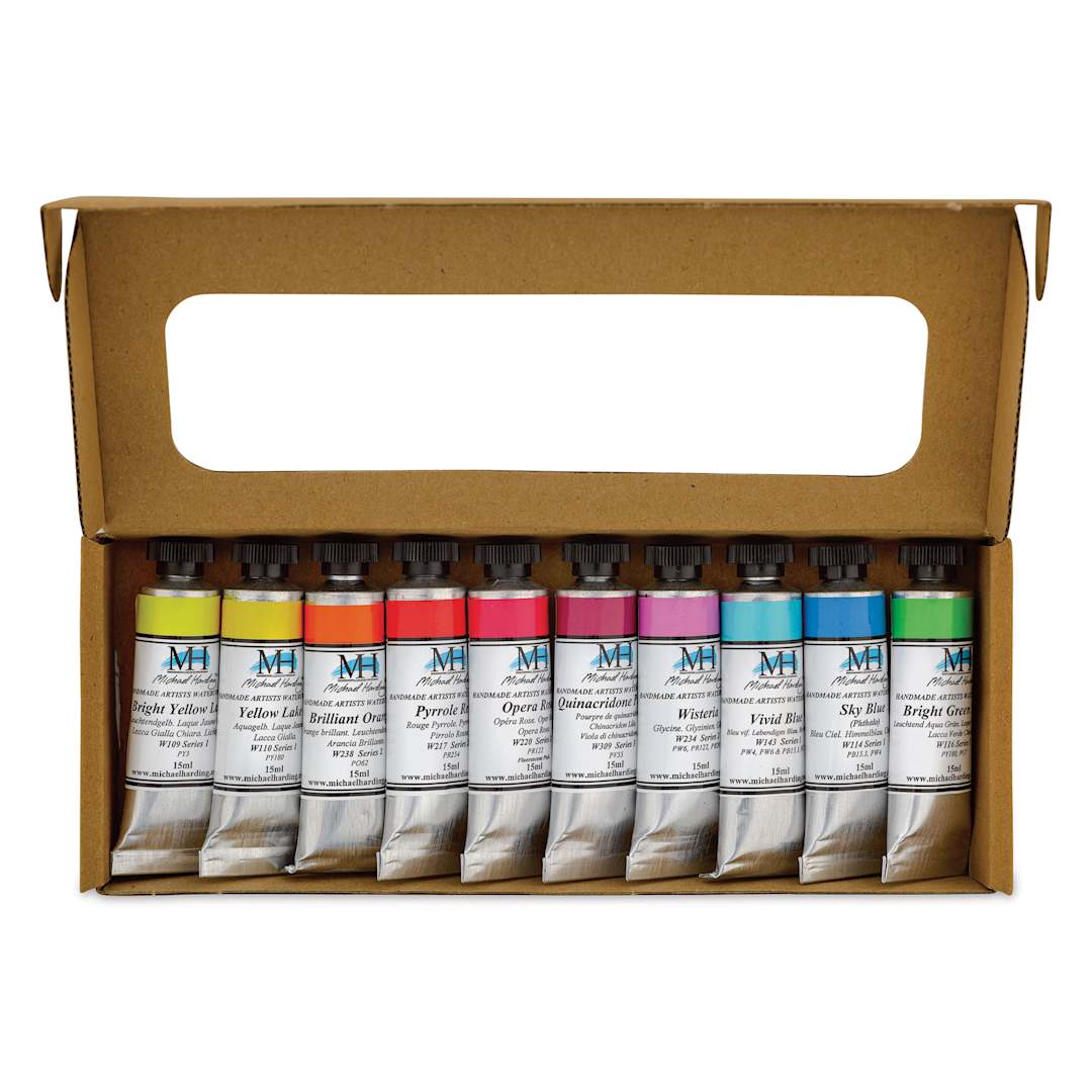 Open in modal - Michael Harding Artists Watercolors - Vivid, Set of 10, 15 ml open package