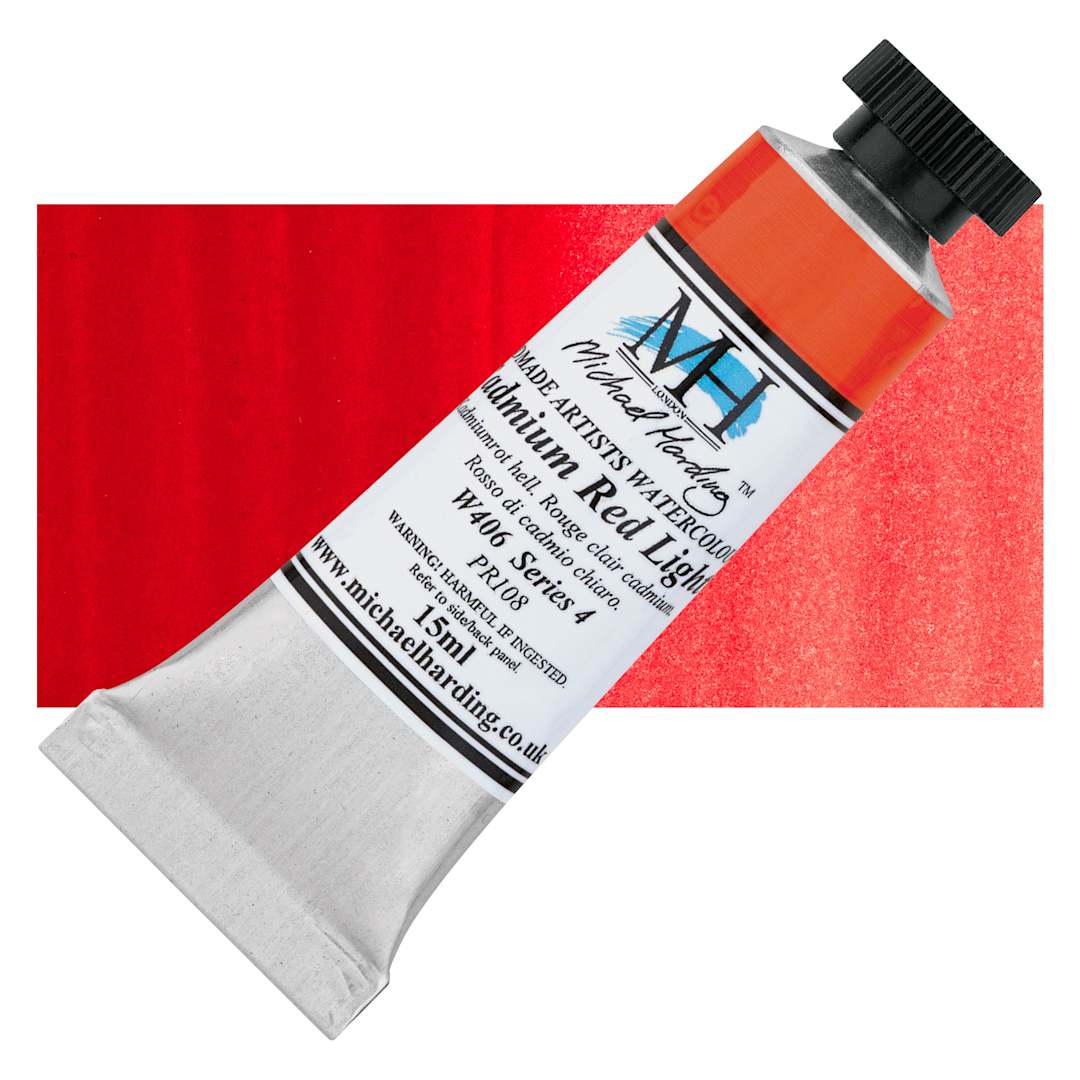 Open in modal - Michael Harding Artists Watercolor - Cadmium Red Light, 15 ml tube and swatch