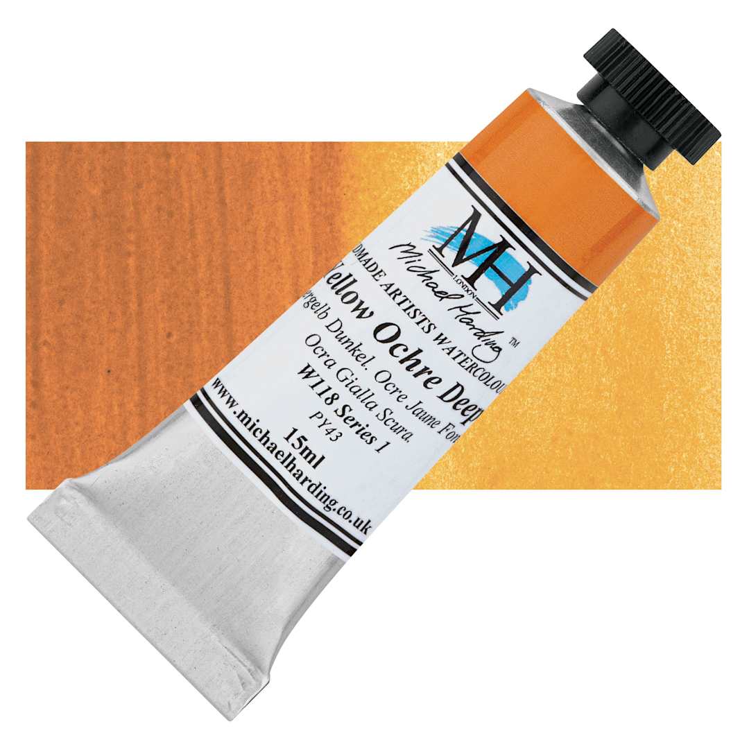 Open in modal - Michael Harding Artists Watercolor - Yellow Ochre Deep, 15 ml tube and swatch
