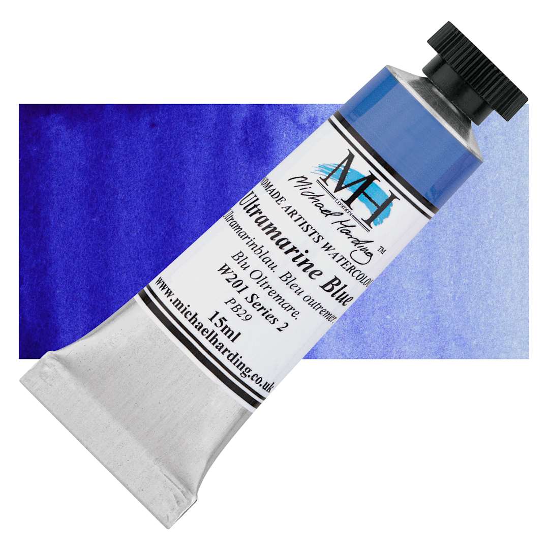 Open in modal - Michael Harding Artists Watercolor - Ultramarine Blue, 15 ml tube and swatch