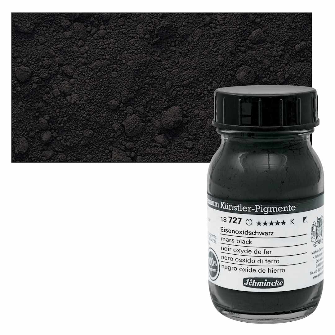Open in modal - Schmincke Pigment - Black Iron Oxide, 100 ml Jar and swatch