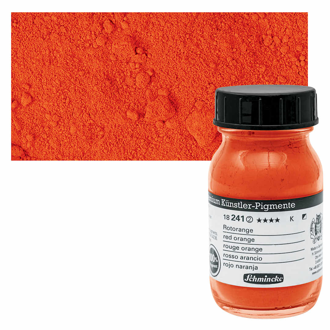 Open in modal - Schmincke Pigment - Red Orange, 100 ml Jar and swatch