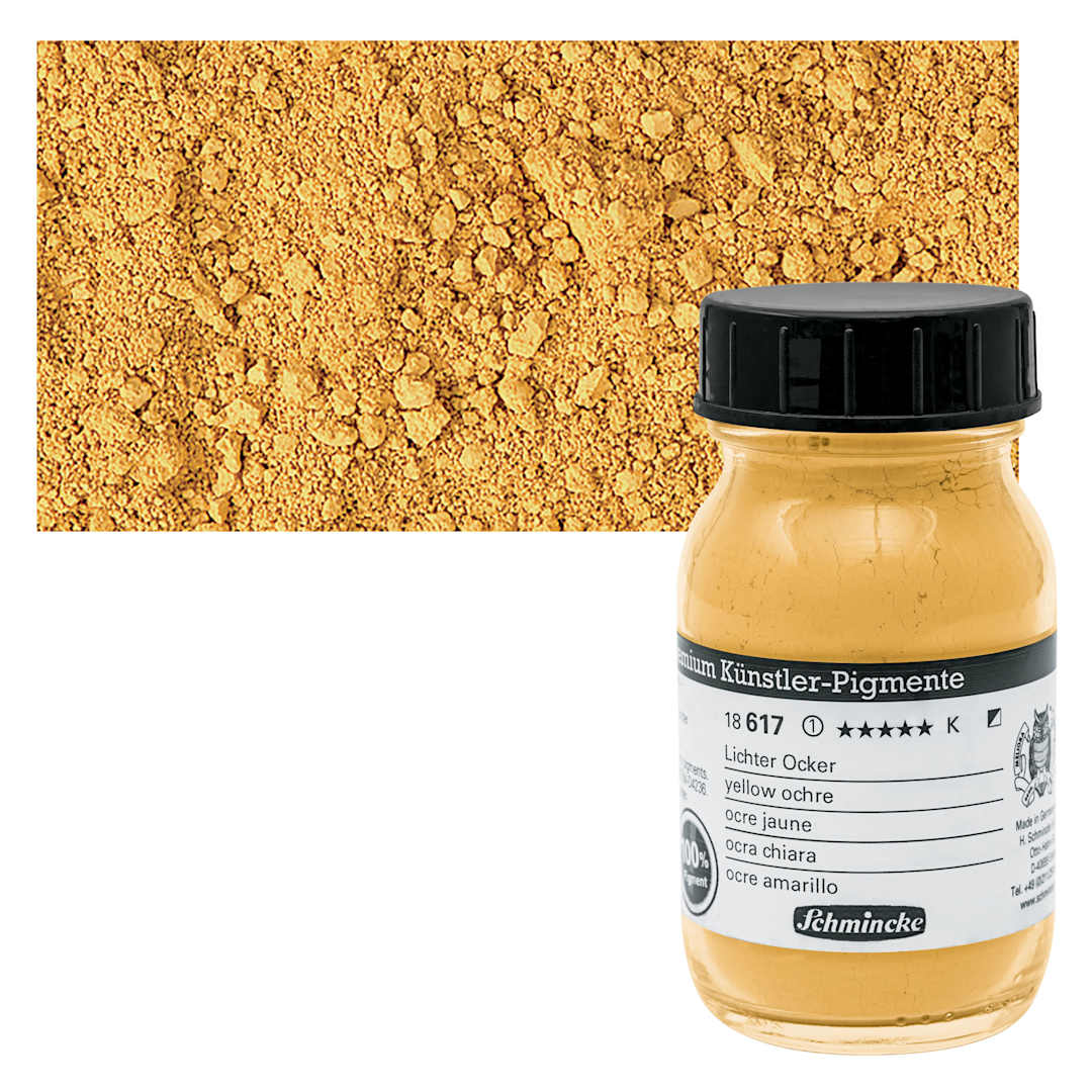 Open in modal - Schmincke Pigment - Yellow Ochre, 100 ml Jar and swatch