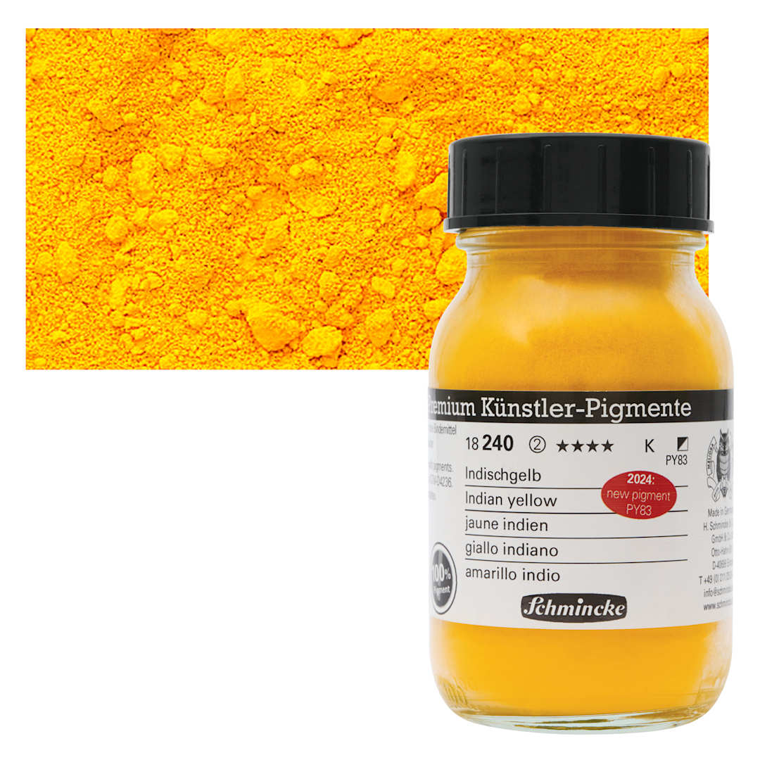 Open in modal - Schmincke Pigment - Indian Yellow, 100 ml Jar and swatch