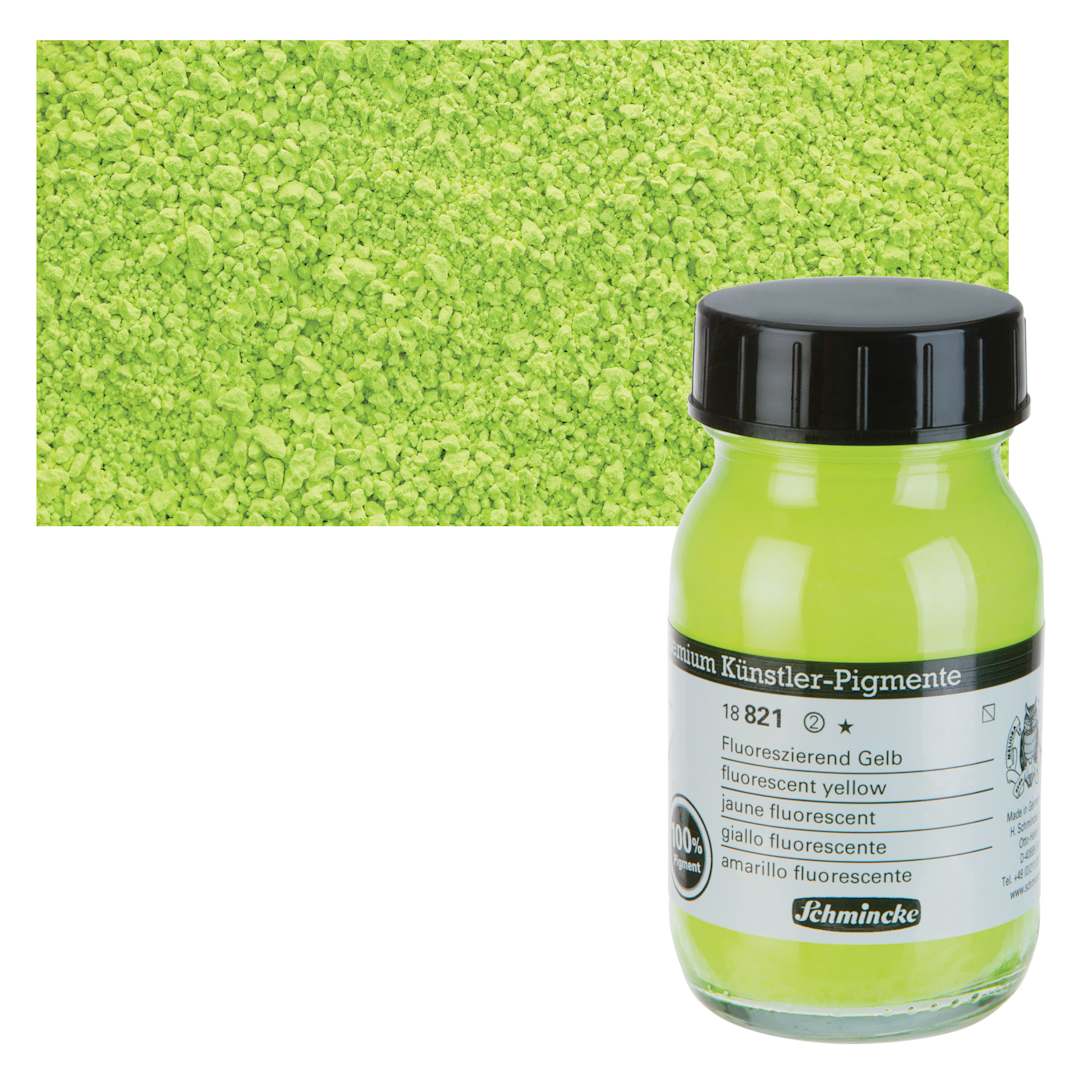 Open in modal - Schmincke Pigment - Fluorescent Yellow, 100 ml Jar and swatch