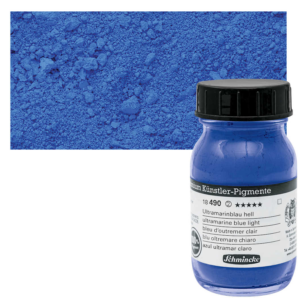 Open in modal - Schmincke Pigment - Ultramarine Blue Light, 100 ml Jar and swatch