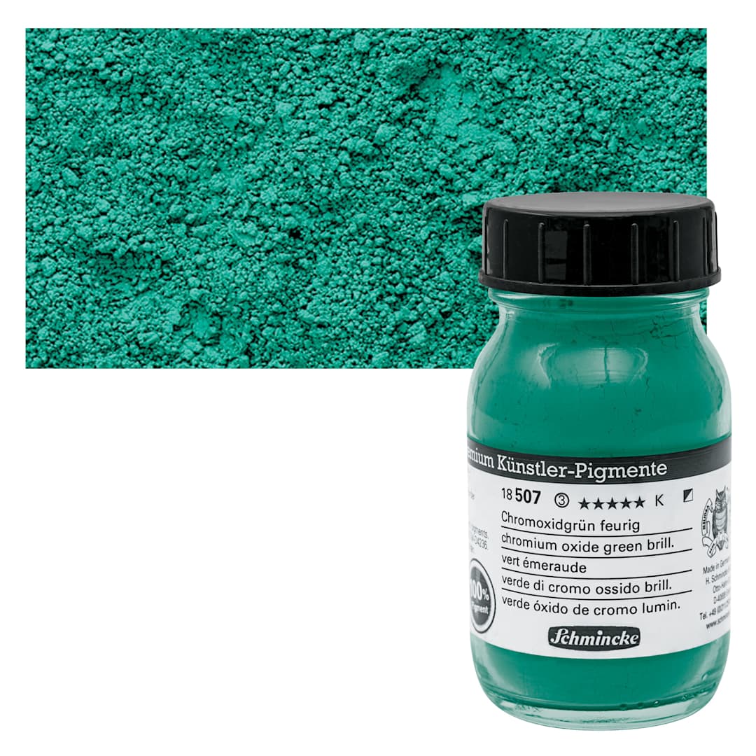 Open in modal - Schmincke Pigment - Chromium Oxide Green Brilliant, 100 ml Jar and swatch