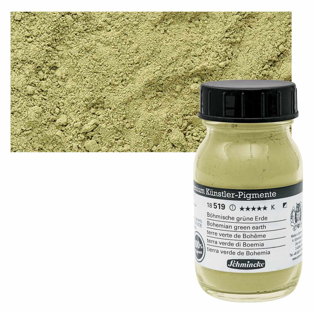 Open in modal - Schmincke Pigment - Bohemian Green Earth, 100 ml Jar and swatch