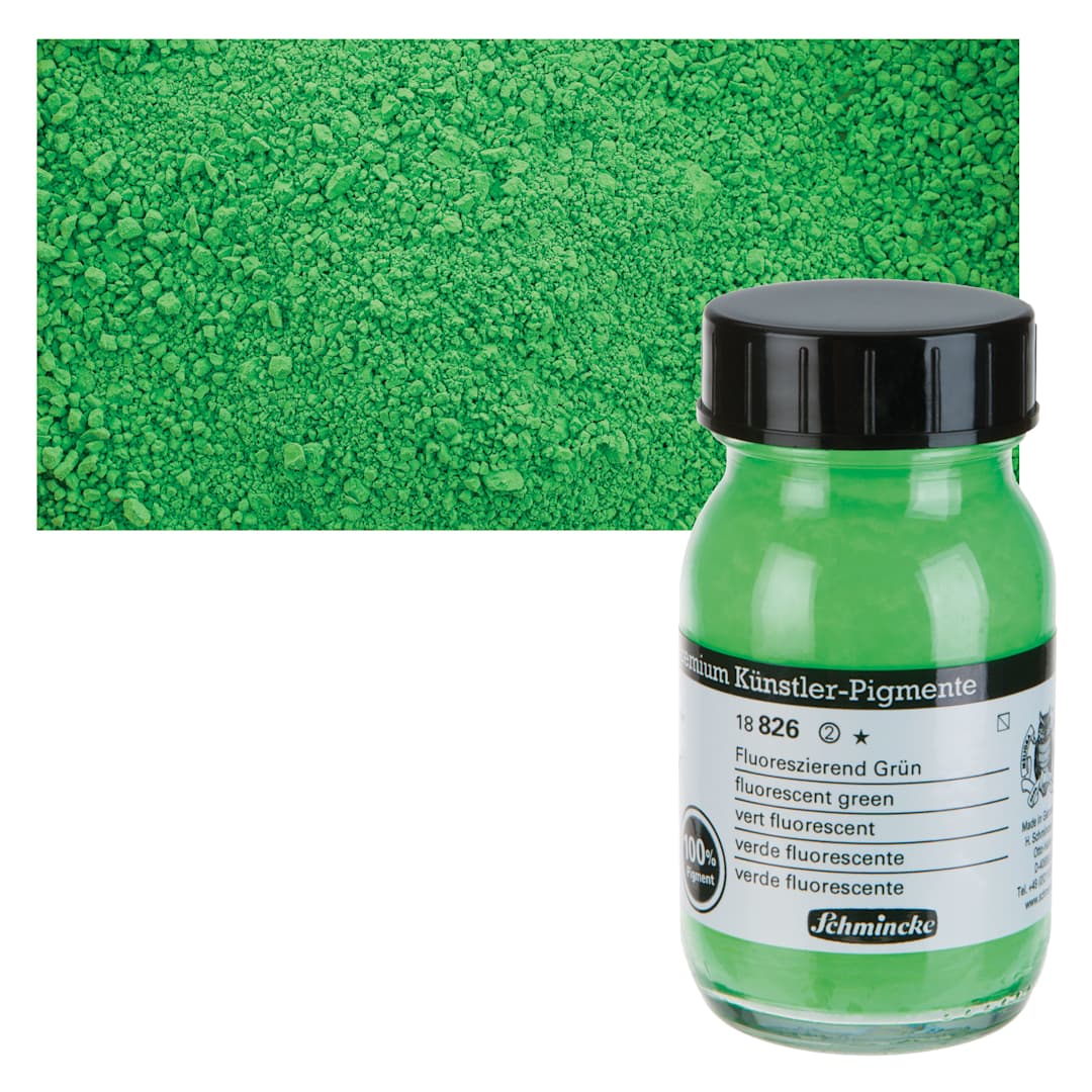 Open in modal - Schmincke Pigment - Fluorescent Green, 100 ml Jar and swatch