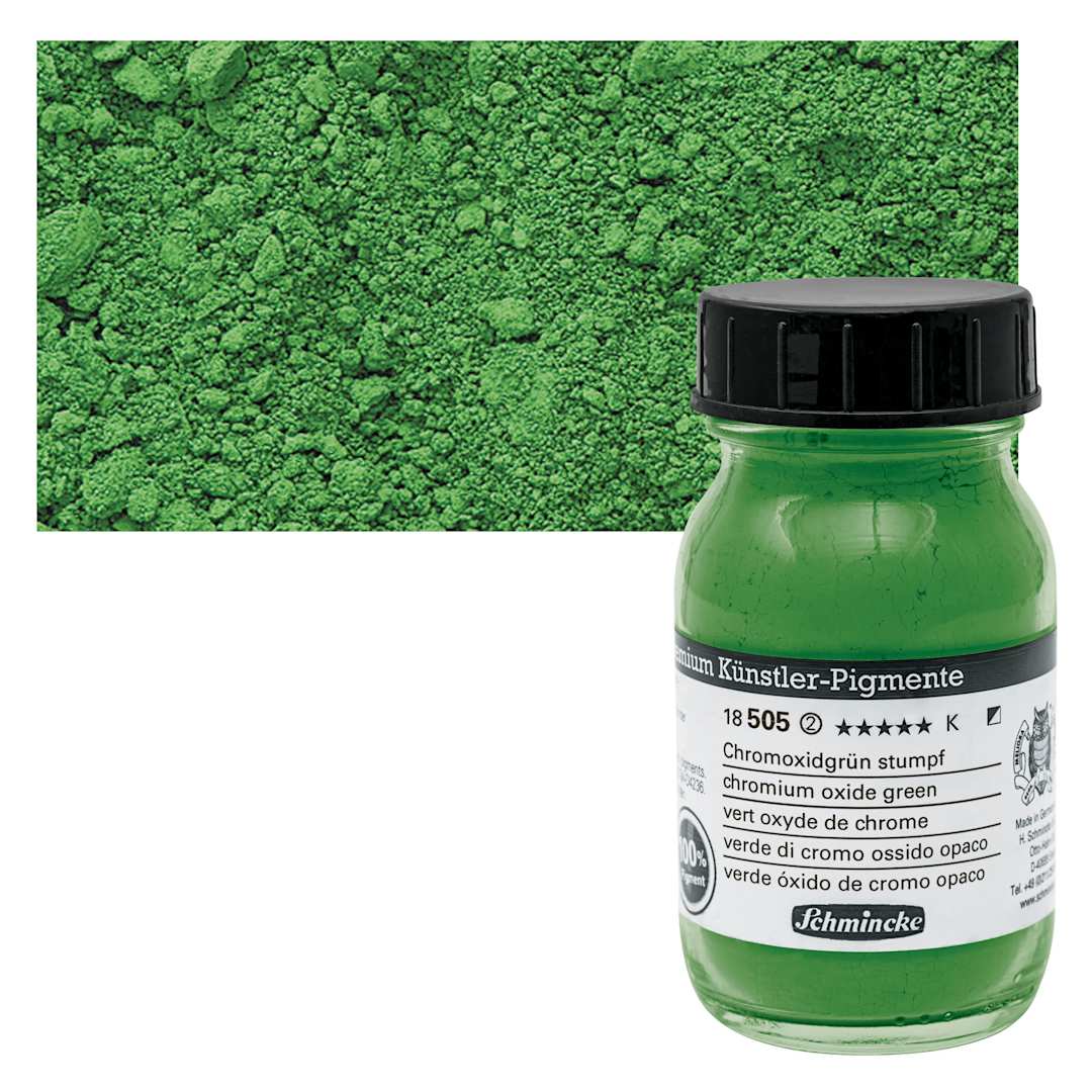 Open in modal - Schmincke Pigment - Chromium Oxide Green, 100 ml Jar and swatch