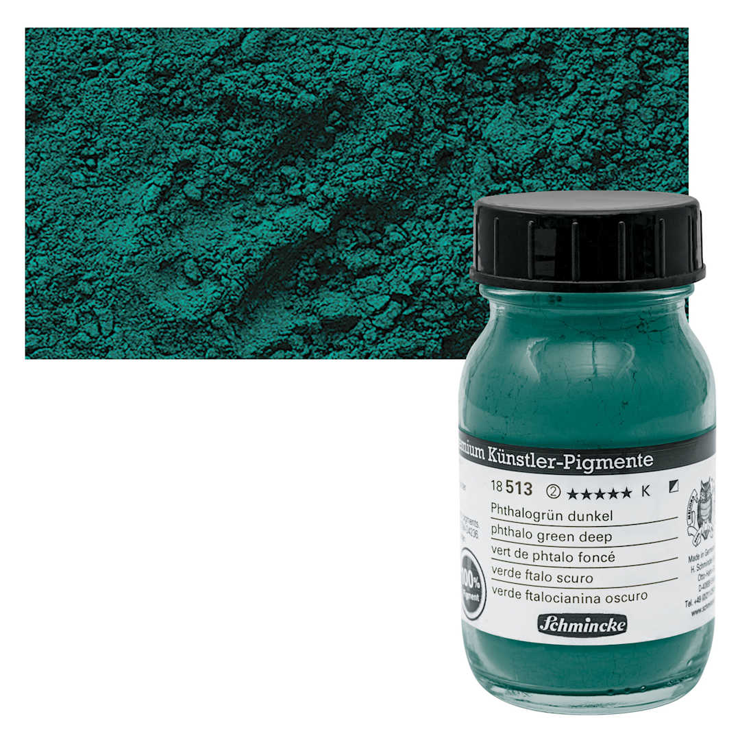Open in modal - Schmincke Pigment - Phthalo Green Deep, 100 ml Jar and swatch