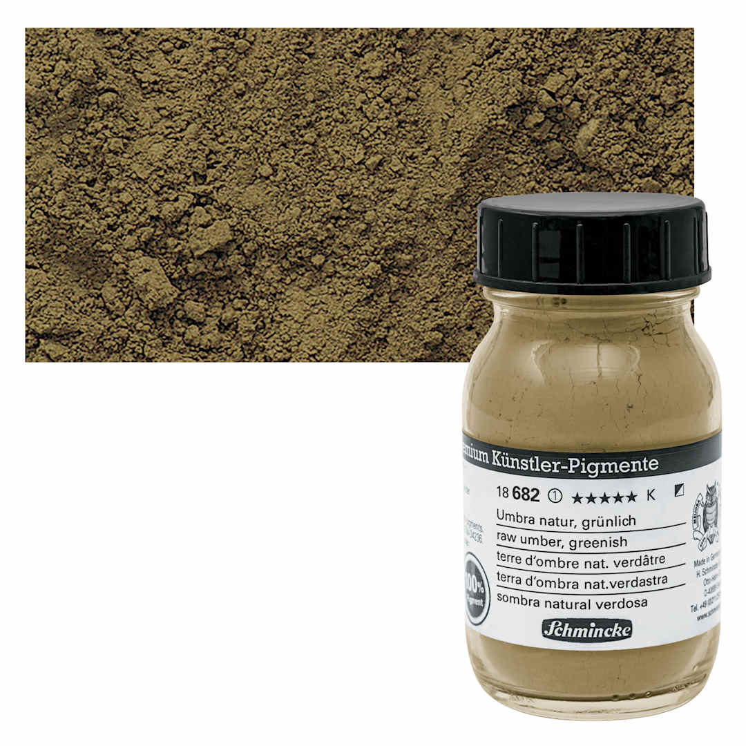 Open in modal - Schmincke Pigment - Raw Umber Greenish, 100 ml Jar and swatch