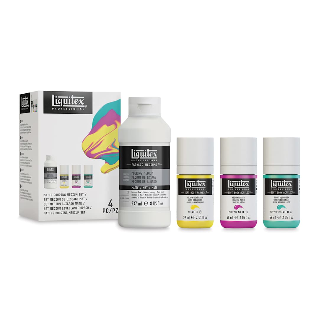 Open in modal - Liquitex Professional Soft Body Acrylics - Set of 3 with Matte Pouring Medium, Assorted Colors, Bottles (Shown in and out of packaging)