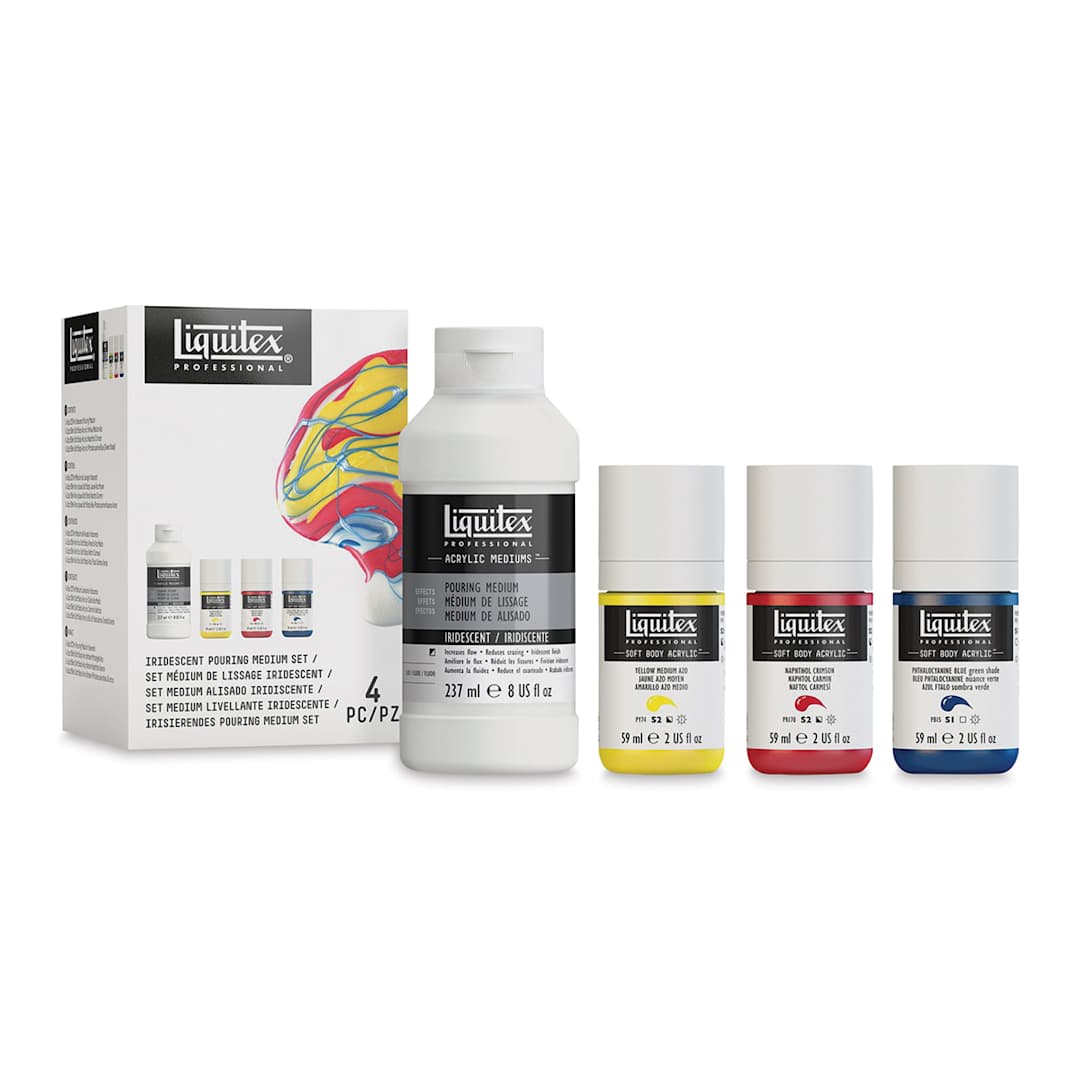 Open in modal - Liquitex Professional Soft Body Acrylics - Set of 3 with Iridescent Pouring Medium, Assorted Colors, Bottles (Shown in and out of packaging)