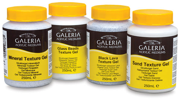 Open in modal - Winsor & Newton Galeria Texture Gel Mediums - 4 types of Texture Gel mediums shown
