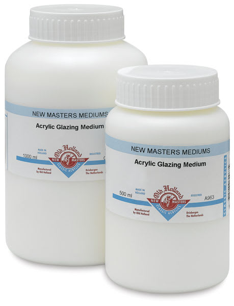 Open in modal - New Masters Acrylic Glazing Mediums - Front view of two sizes of Jars 
