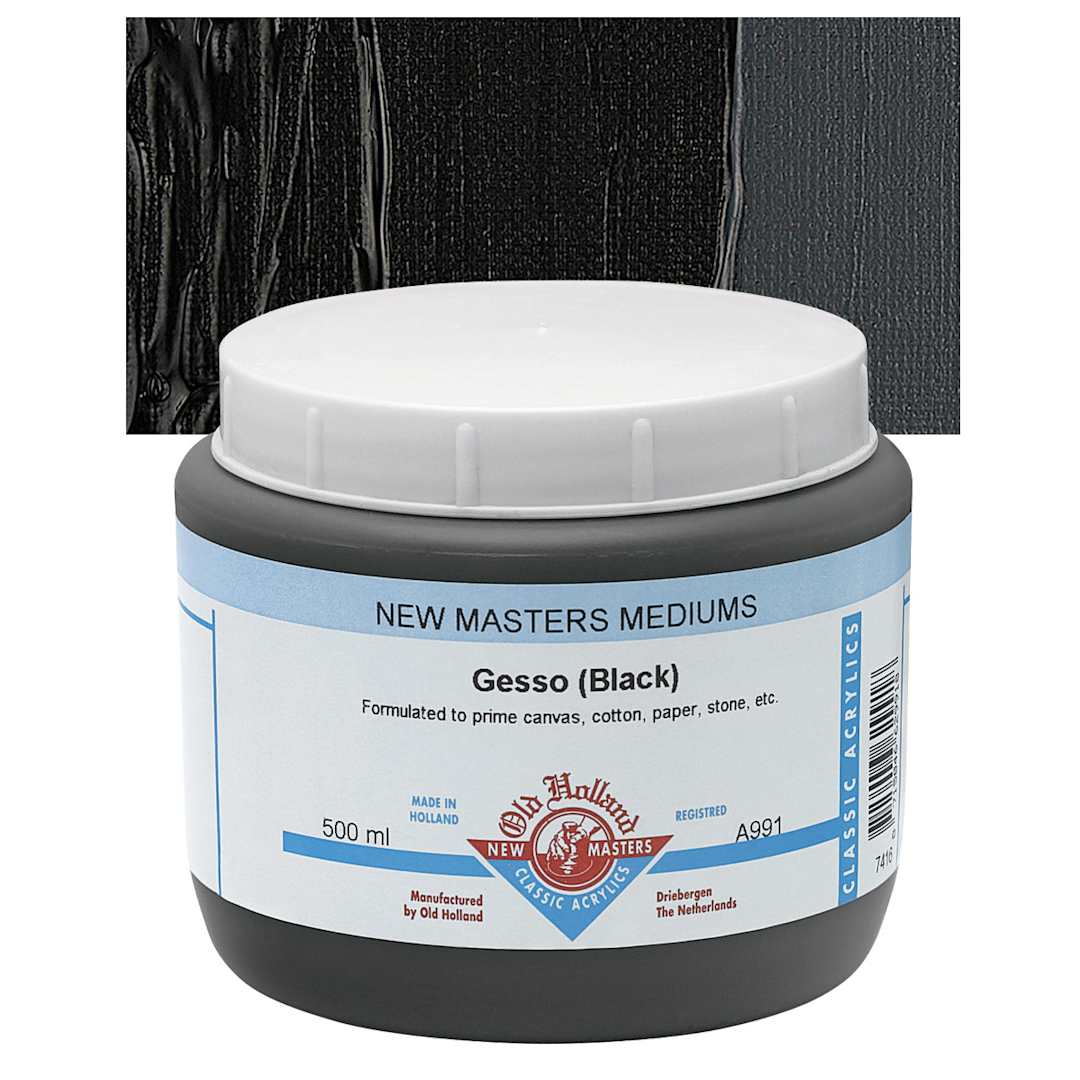 Open in modal - Old Holland New Masters Acrylic Gesso - Black, 500 ml jar and swatch