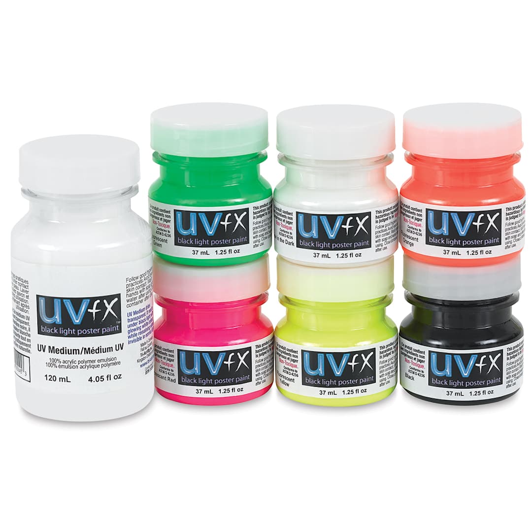 Open in modal - Tri-Art UVFX Black Light Poster Paint - Components of 6 pc 37 ml Paint and Medium Set shown