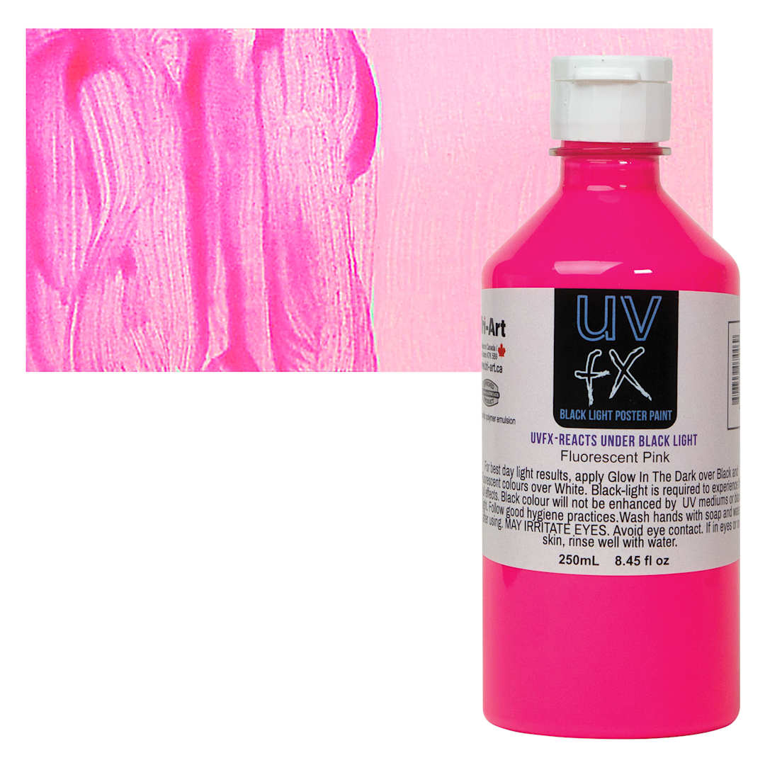 Open in modal - Tri-Art UVFX Black Light Poster Paint - Fluorescent Pink, 250 ml bottle and swatch
