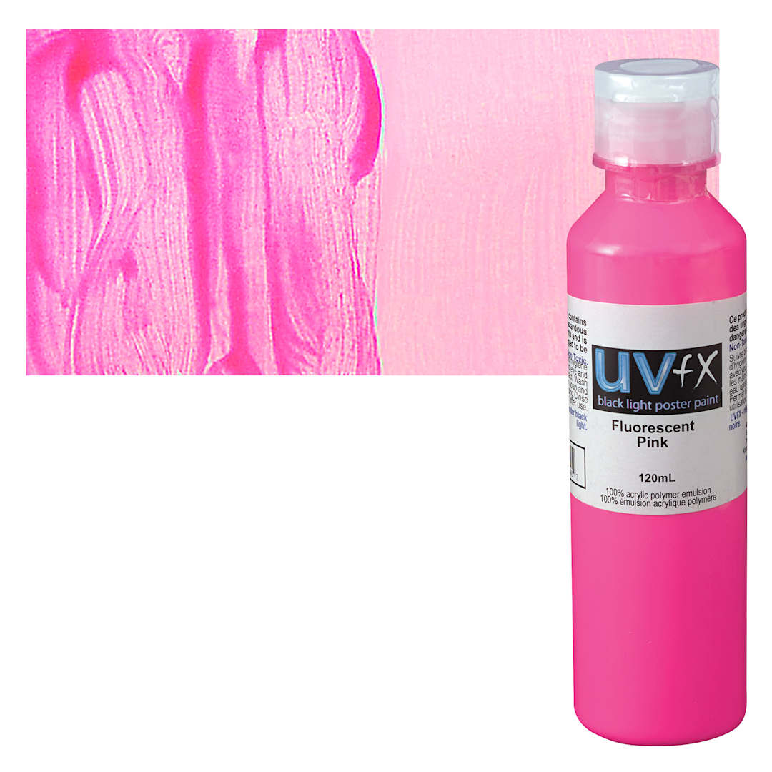 Open in modal - Tri-Art UVFX Black Light Poster Paint - Fluorescent Pink, 120 ml bottle and swatch