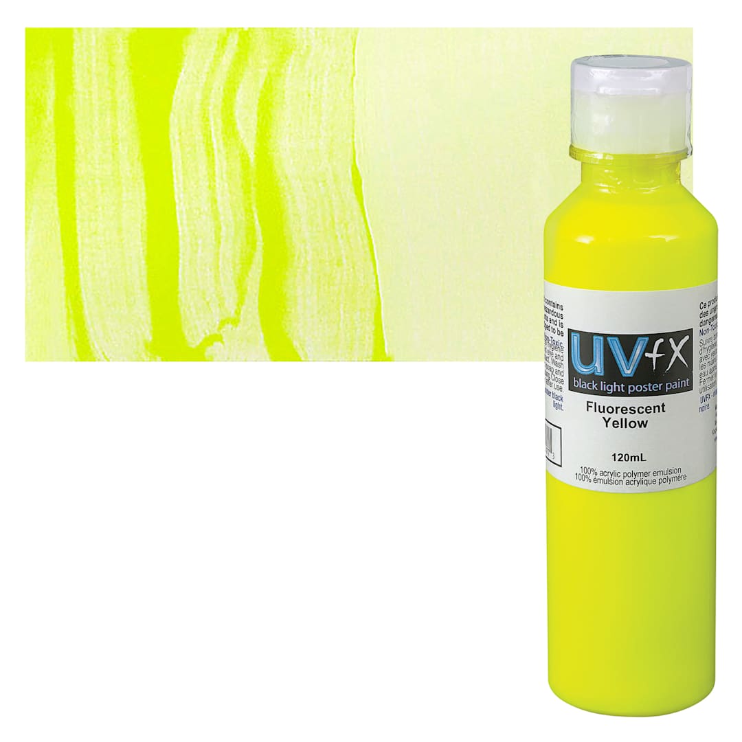 Open in modal - Tri-Art UVFX Black Light Poster Paint - Fluorescent Yellow, 120 ml bottle and swatch