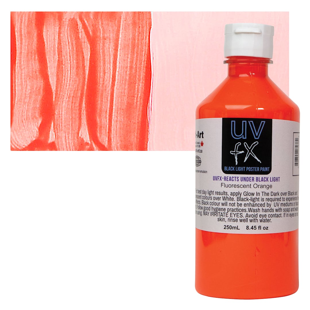 Open in modal - Tri-Art UVFX Black Light Poster Paint - Fluorescent Orange, 250 ml bottle and swatch