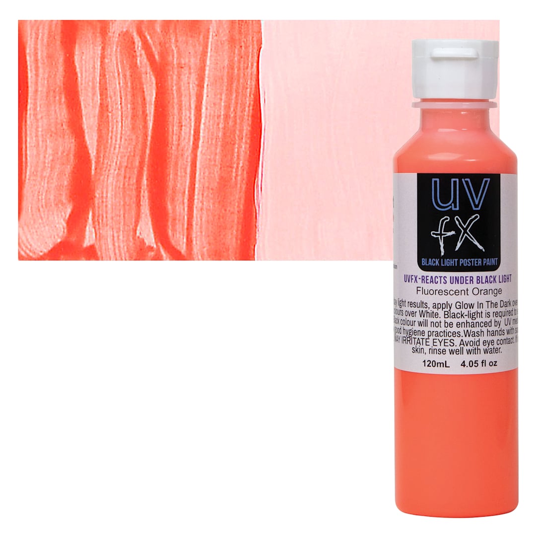 Open in modal - Tri-Art UVFX Black Light Poster Paint - Fluorescent Orange, 120 ml bottle and swatch