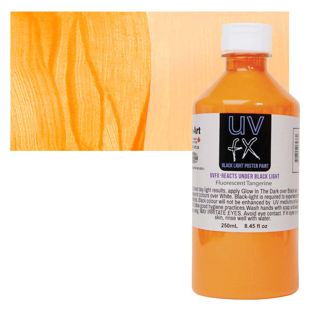 Open in modal - Tri-Art UVFX Black Light Poster Paint - Fluorescent Tangerine, 250 ml bottle and swatch
