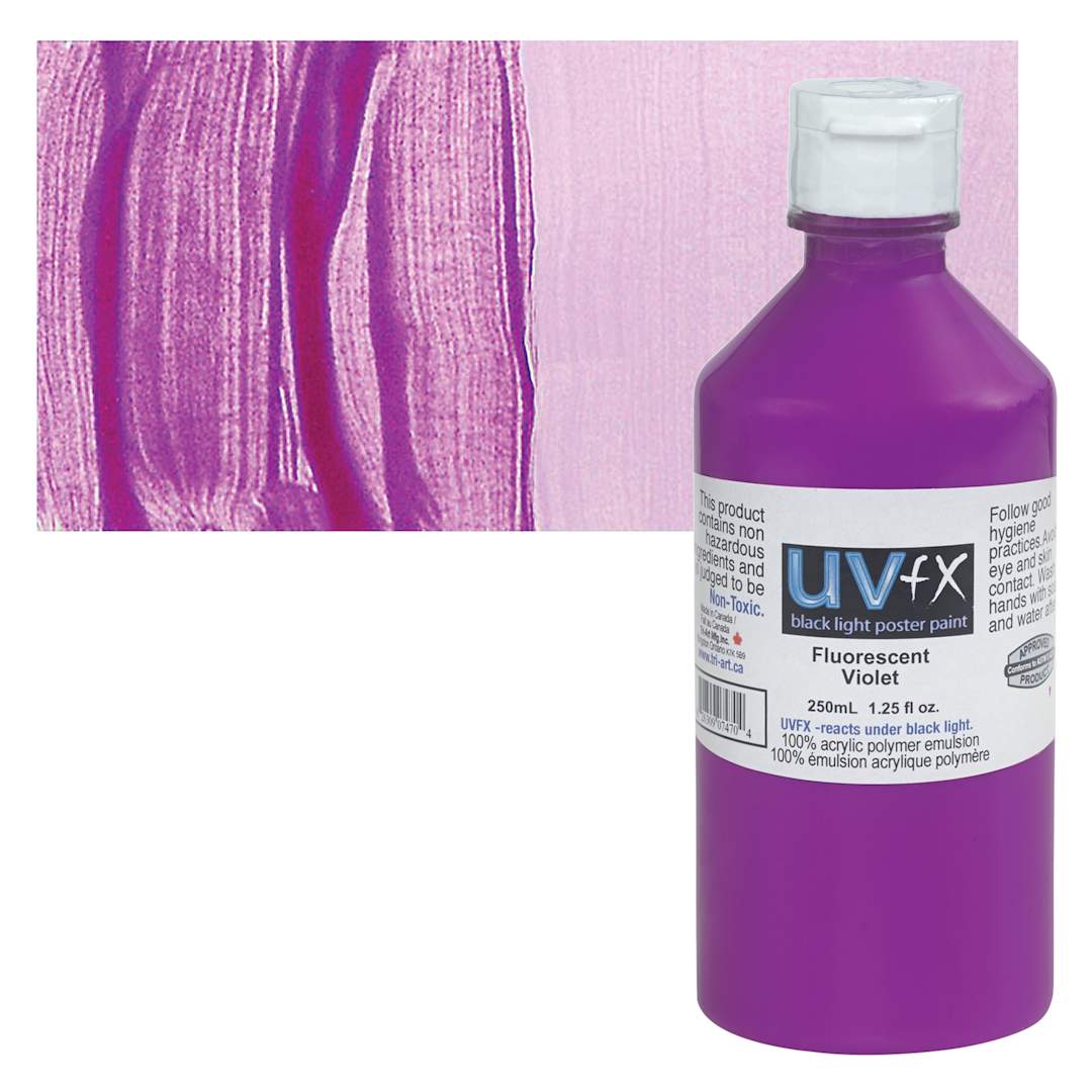 Open in modal - Tri-Art UVFX Black Light Poster Paint - Fluorescent Violet, 250 ml bottle and swatch
