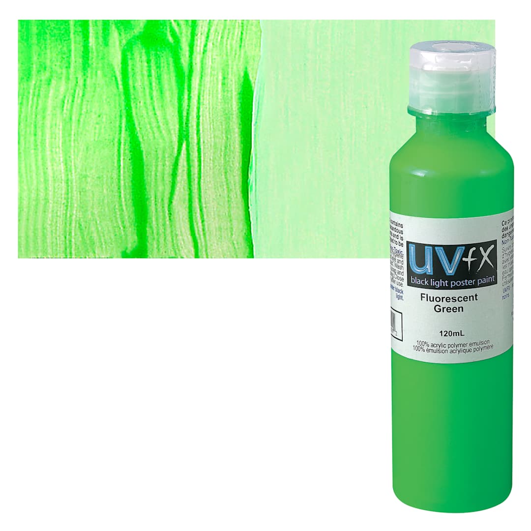 Open in modal - Tri-Art UVFX Black Light Poster Paint - Fluorescent Green, 120 ml bottle and swatch